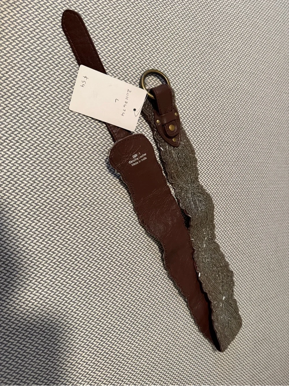 Anthropologie Scalloped Brown Leather and Silver Beaded Women’s Belt